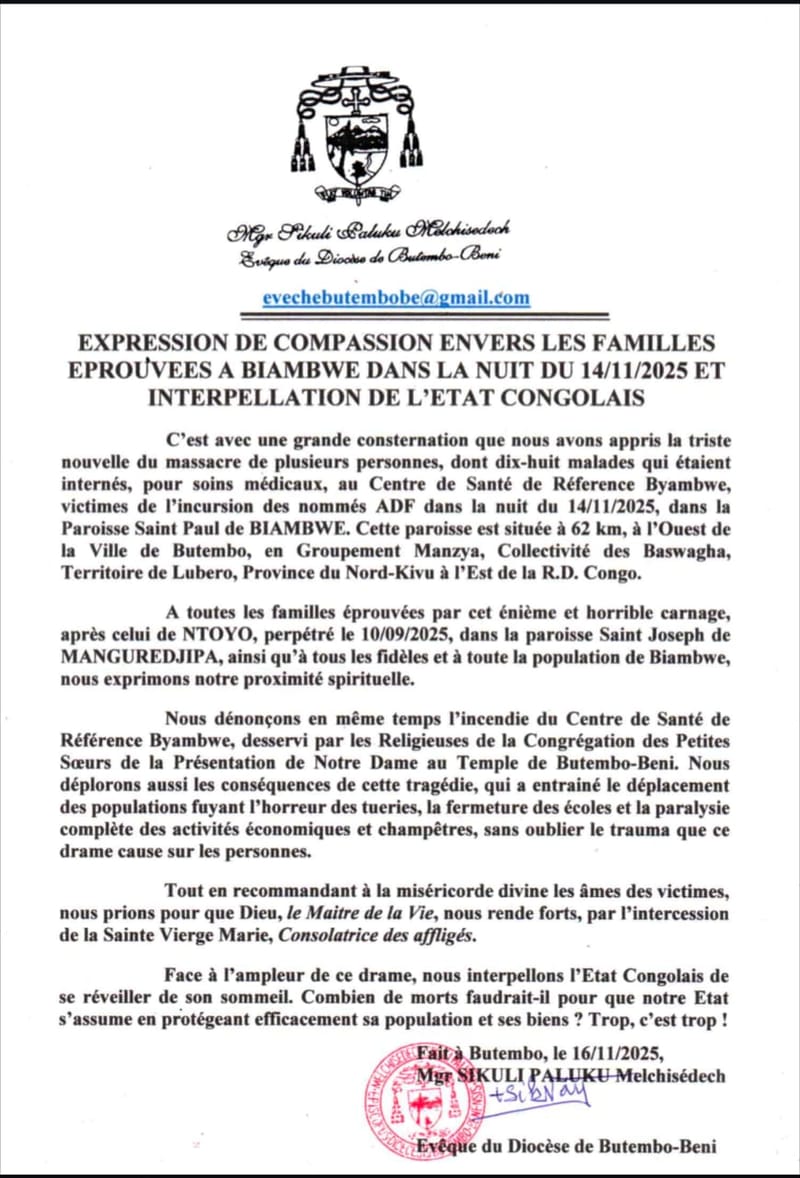 Nord-Kivu : L’Évêque de Butembo-Beni compatit avec les familles éprouvées à Byambwe et interpelle l’État