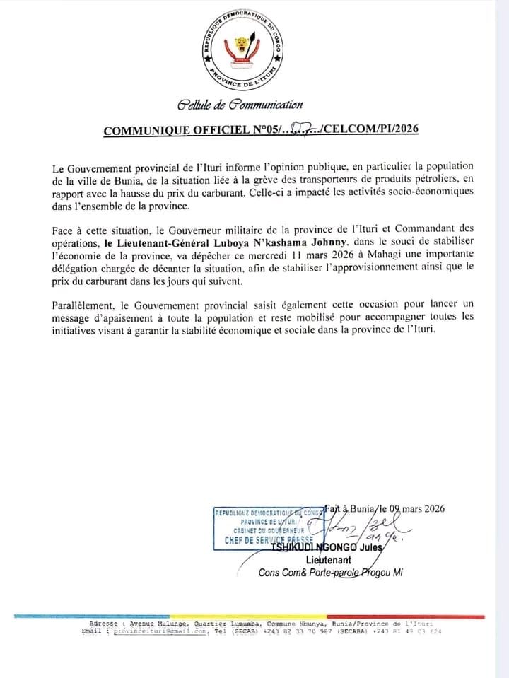 Ituri : Le gouvernement provincial dépêche une mission à Mahagi pour stabiliser le prix du carburant