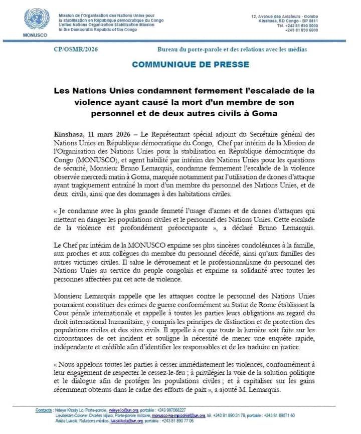 RDC : l’ONU condamne fermement les attaques contre les civils à ville de Goma