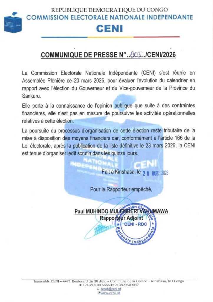 Sankuru : La CENI suspend les activités électorales faute de moyens financiers