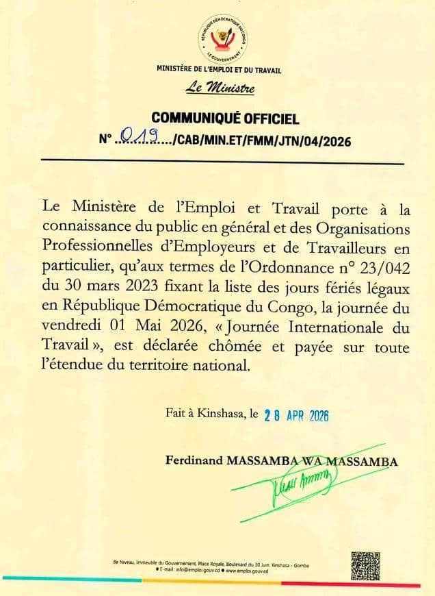RDC : le gouvernement officialise le caractère chômé et payé du 1er mai 2026