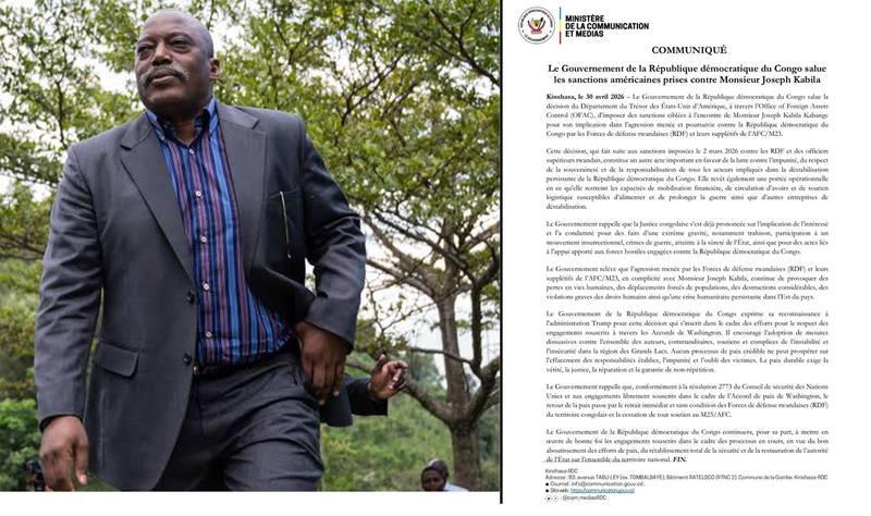 RDC : Kinshasa salue les sanctions américaines contre Joseph Kabila