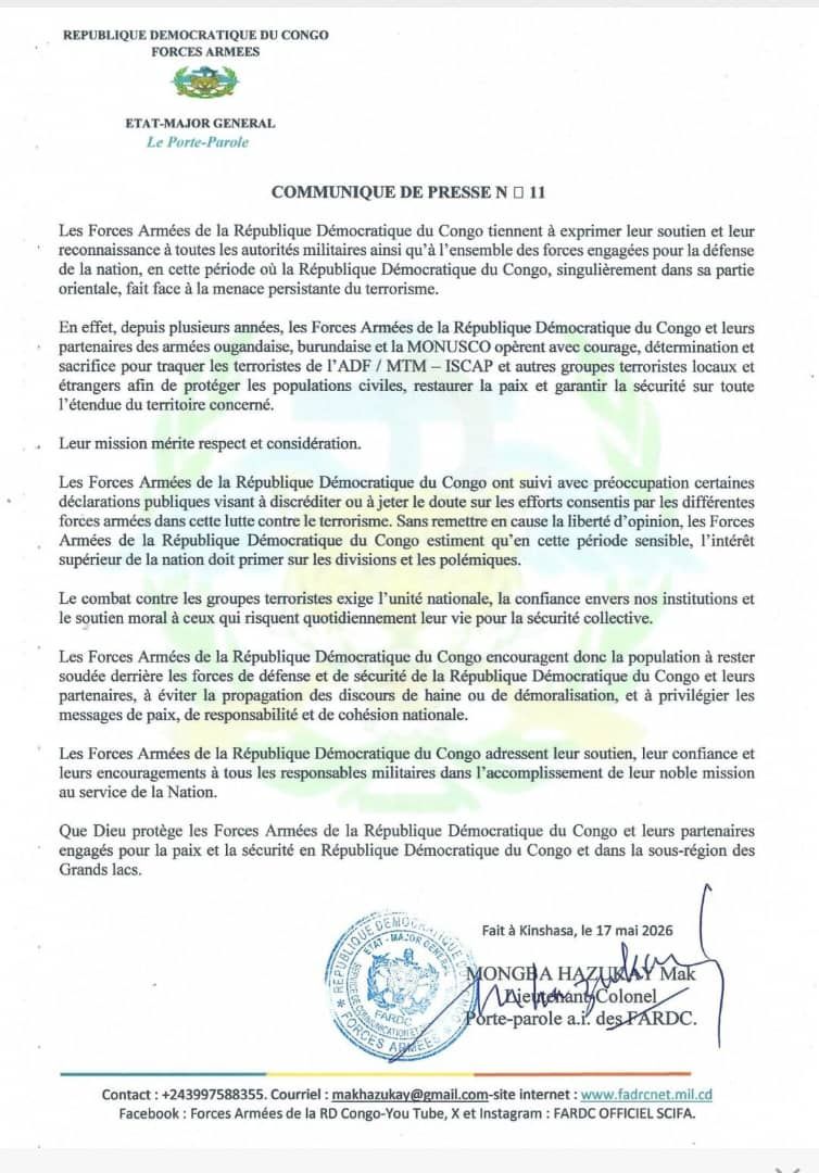 FARDC : L’armée appelle à l’unité nationale face à la menace terroriste dans l’Est de la RDC