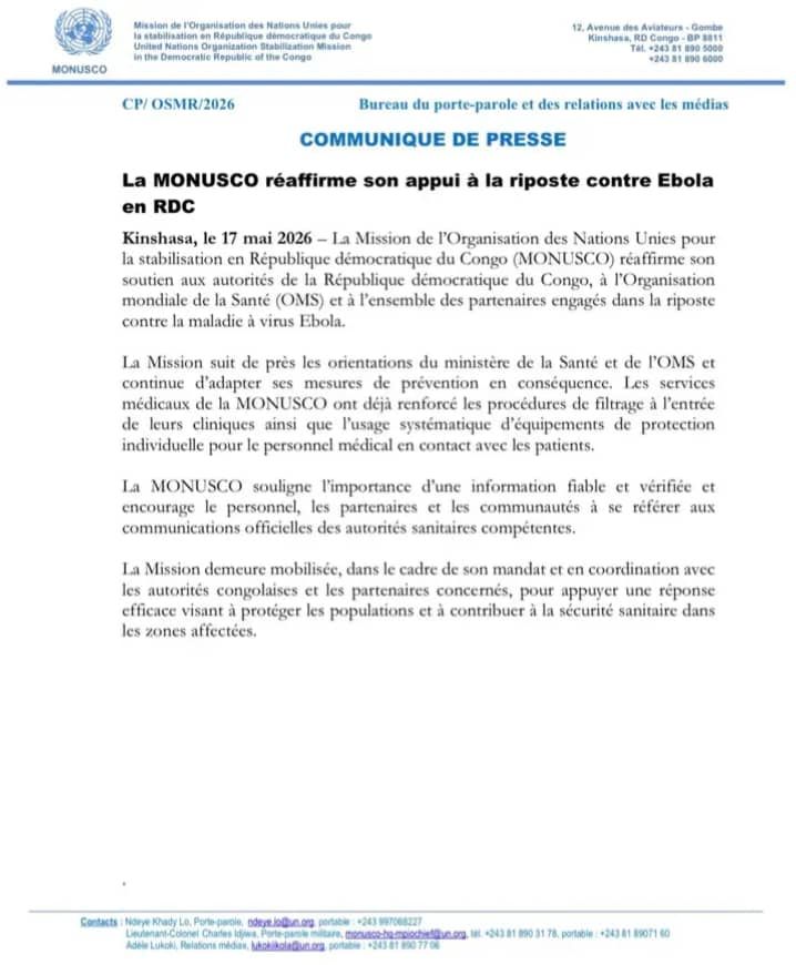 Ebola en RDC : La Monusco réaffirme son soutien à la riposte sanitaire