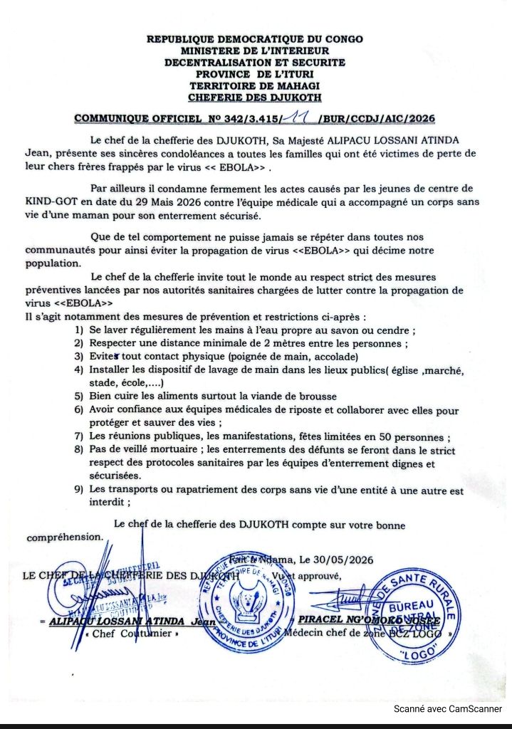Mahagi/Sociale : Les jeunes s'attaque à l'équipe médicale, le chef condamne et appelle au respect des mesures barrières dans la chefferie des Djukoth