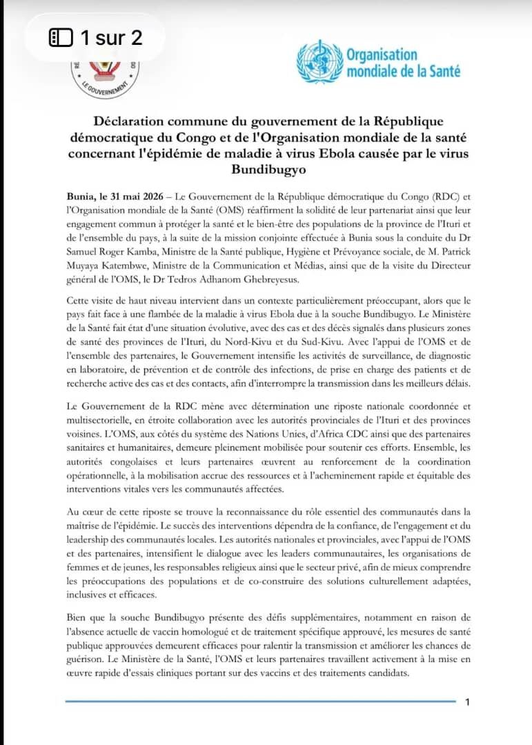 Ebola Bundibugyo : le gouvernement congolais et l’OMS renforcent leur engagement pour stopper l’épidémie