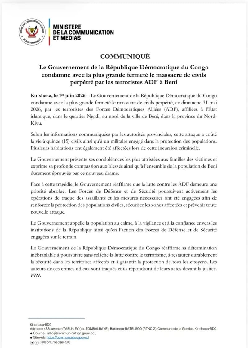 Nord-Kivu : le gouvernement condamne fermement le massacre de civils à Beni