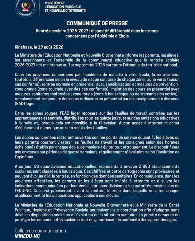 RDC : la rentrée scolaire maintenue malgré la propagation de l’épidémie d’Ebola