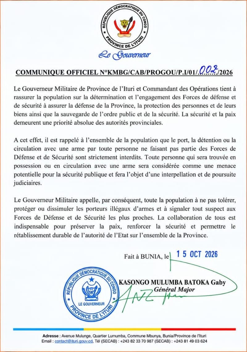 ITURI : Le gouverneur militaire met en garde contre la circulation illégale des armes