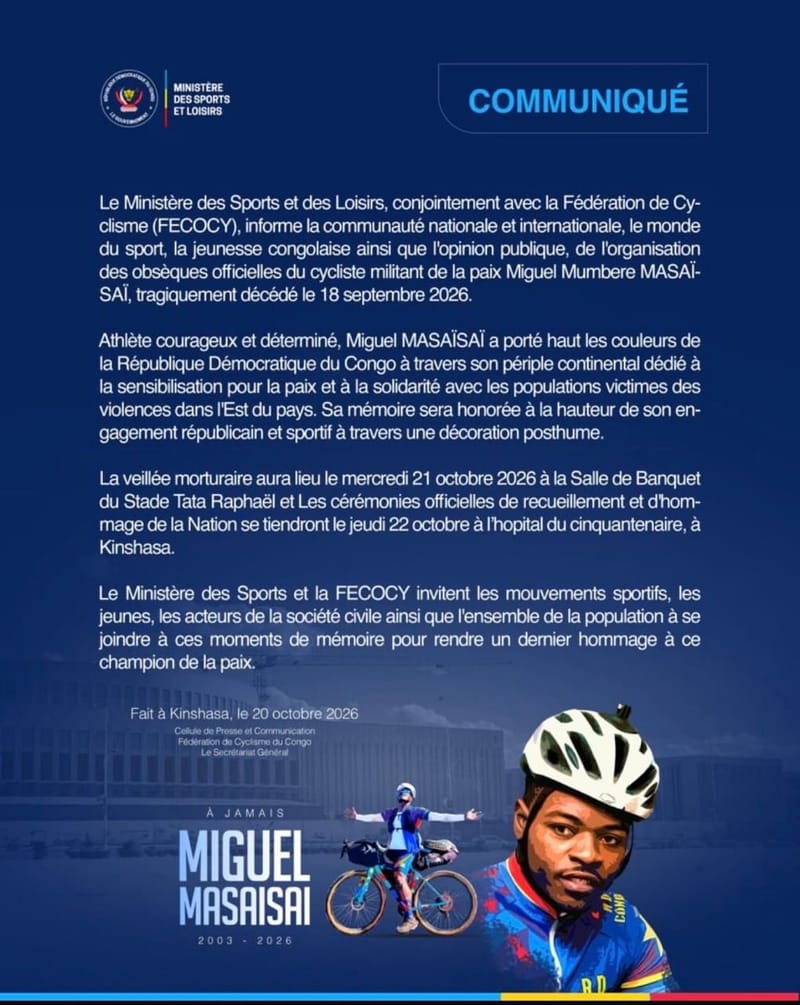 KINSHASA / NÉCROLOGIE : Les obsèques officielles de Miguel Masaïsaï organisées les 21 et 22 octobre