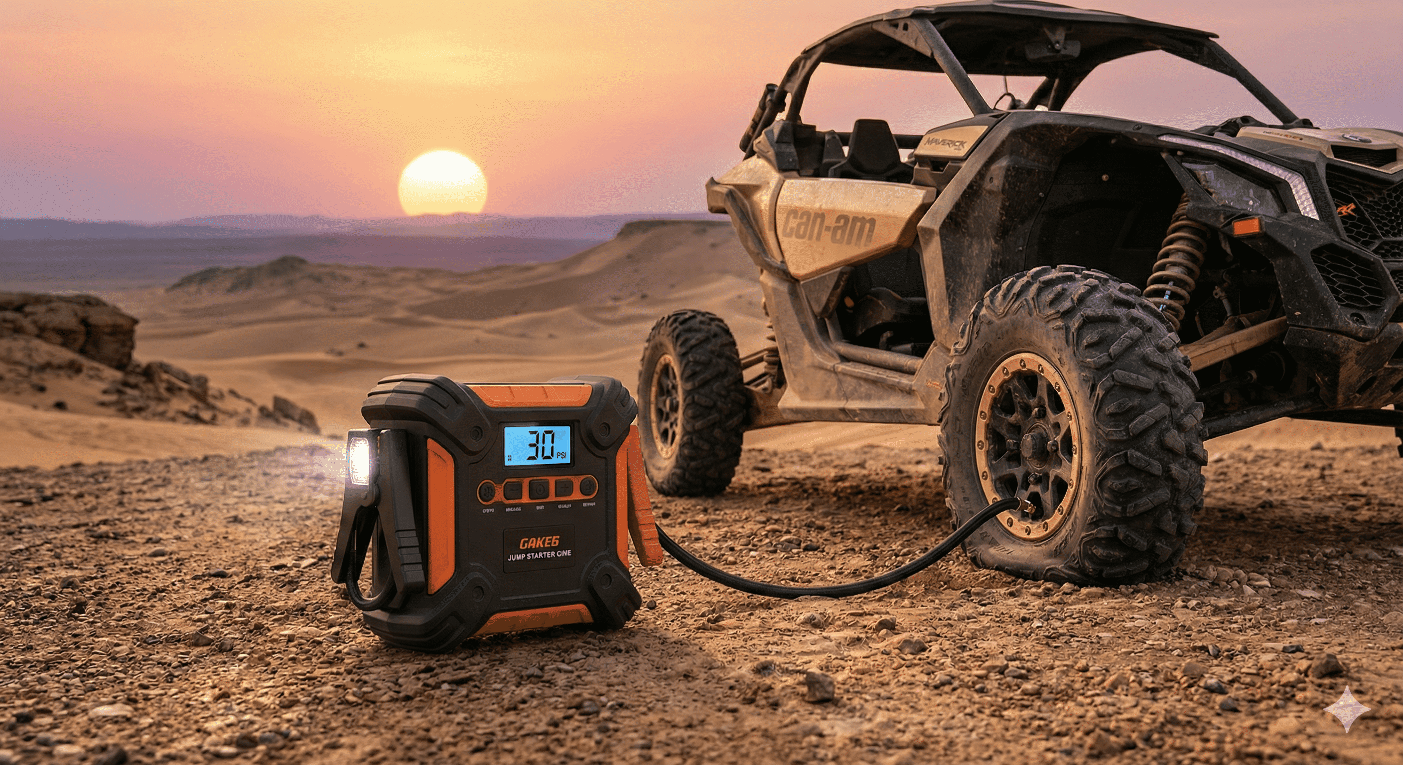 בוסטר התנעה וקומפרסור 3 ב-1 מנפח גלגל של רכב שטח RZR במדבר - אבירי השטח