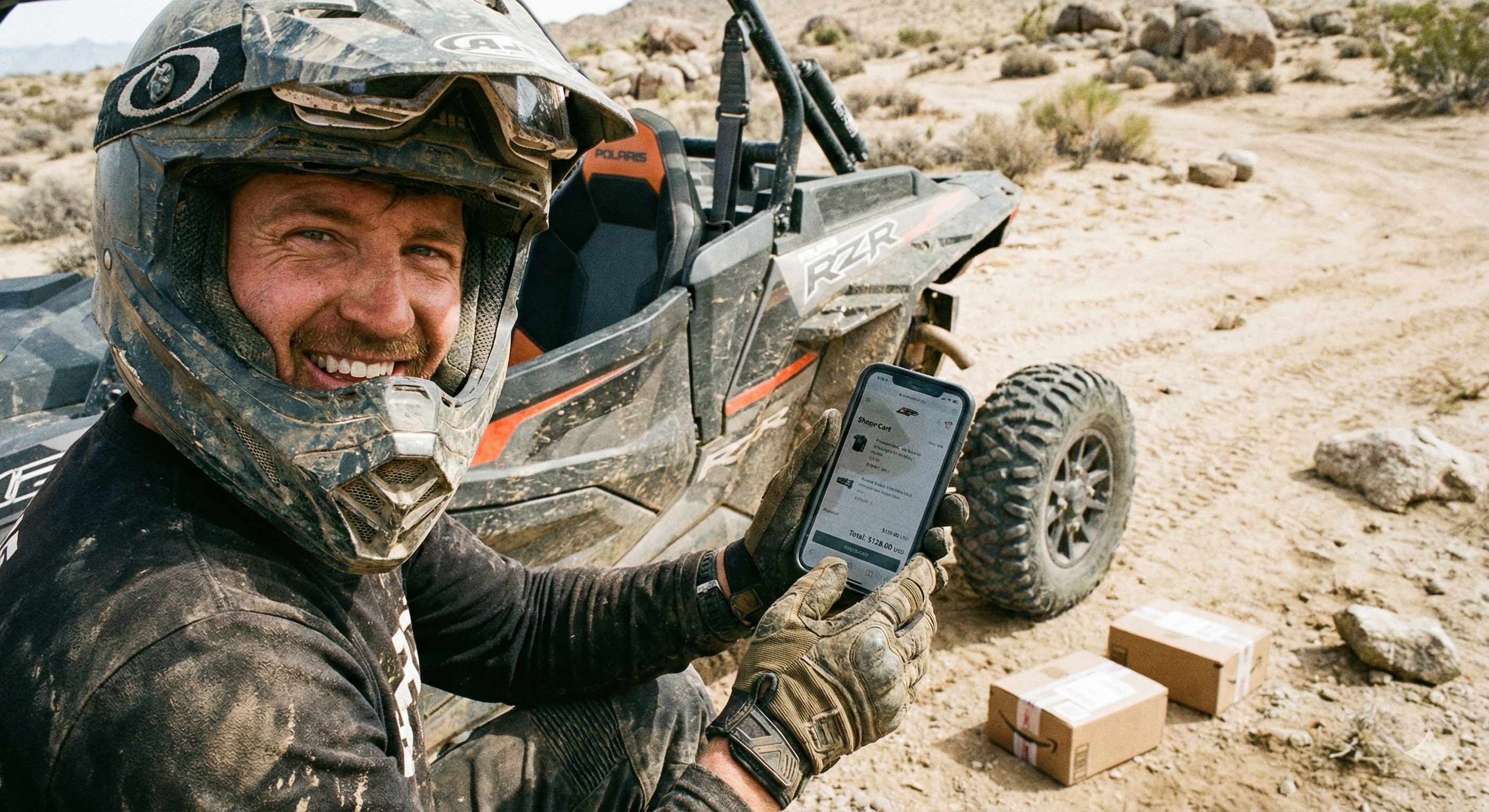 רוכב שטח יושב על טרקטורון ובודק הזמנת רכישת חלקי חילוף בסמארטפון מתחת ל-130 דולר.