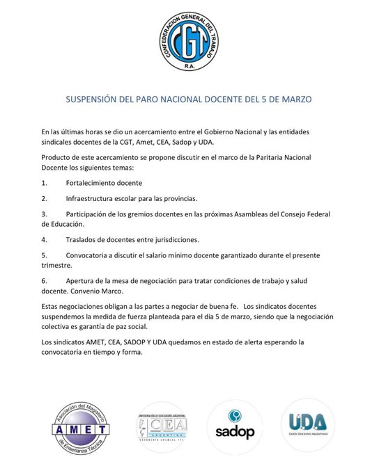 LOS GREMIOS DOCENTES DE LA CGT LEVANTARON EL PARO DEL 5 DE MARZO