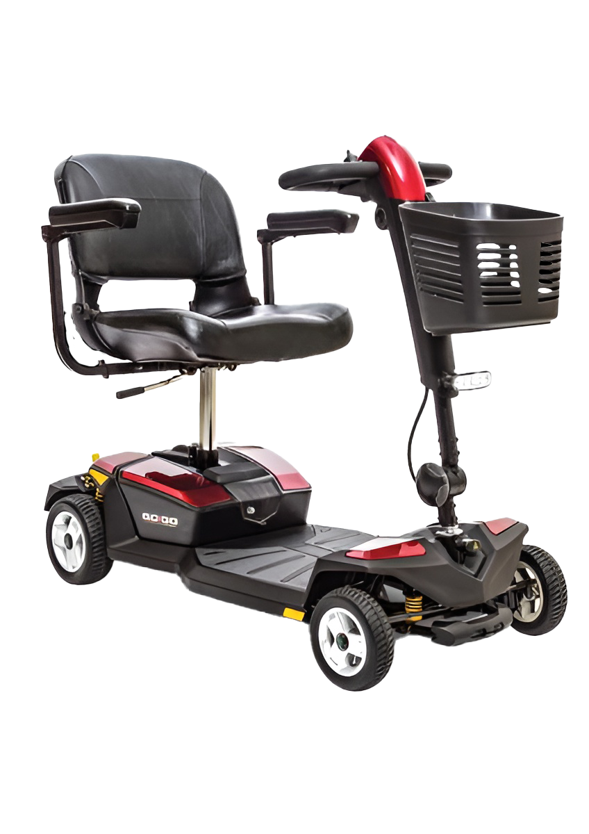A red mobility scooter with a front basket, designed for comfort and ease of use. Ideal for everyday mobility and travel.