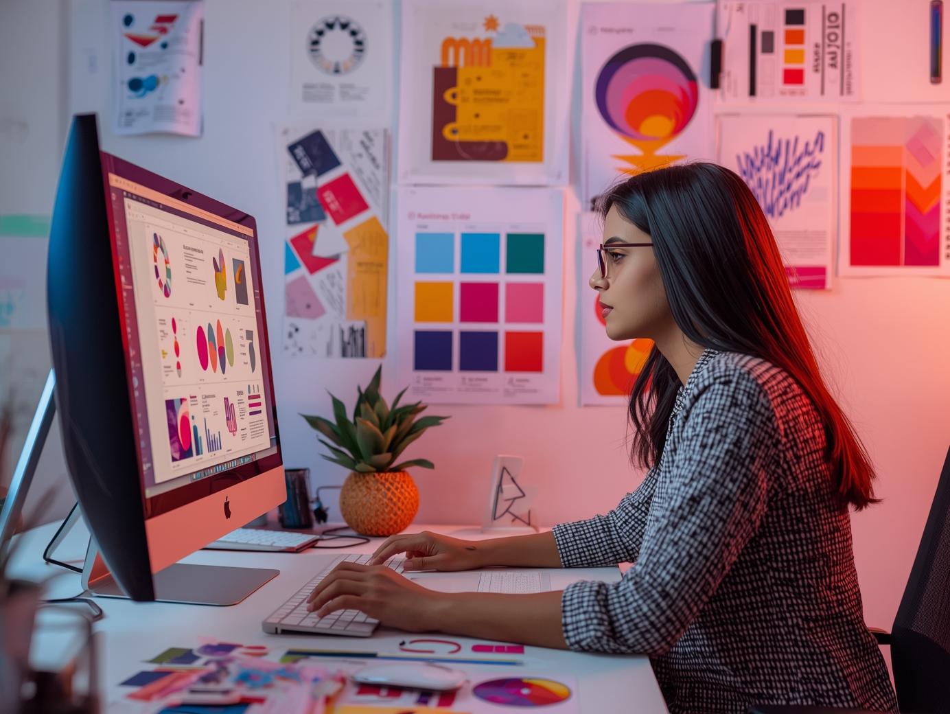 مصممة تعمل على شاشة كمبيوتر داخل مكتب حديث، محاط بعناصر تصميم مثل الألوان والخطوط والأشكال الهندسية، أجواء مضيئة تعبر عن الإبداع والتفكير البصري في عالم التصميم.