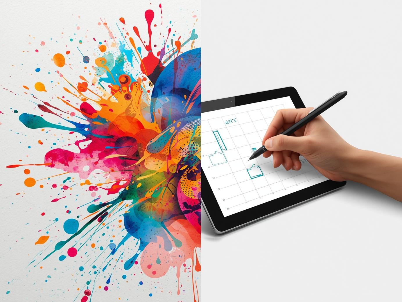 صورة منقسمة إلى نصفين؛ النصف الأول يظهر فنانًا يرسم بحرية بألوان عشوائية، والنصف الآخر يُظهر مصممًا يعمل على شاشة رقمية بتوازن ودقة، تعبير بصري عن الاختلاف بين الفن والتصميم.