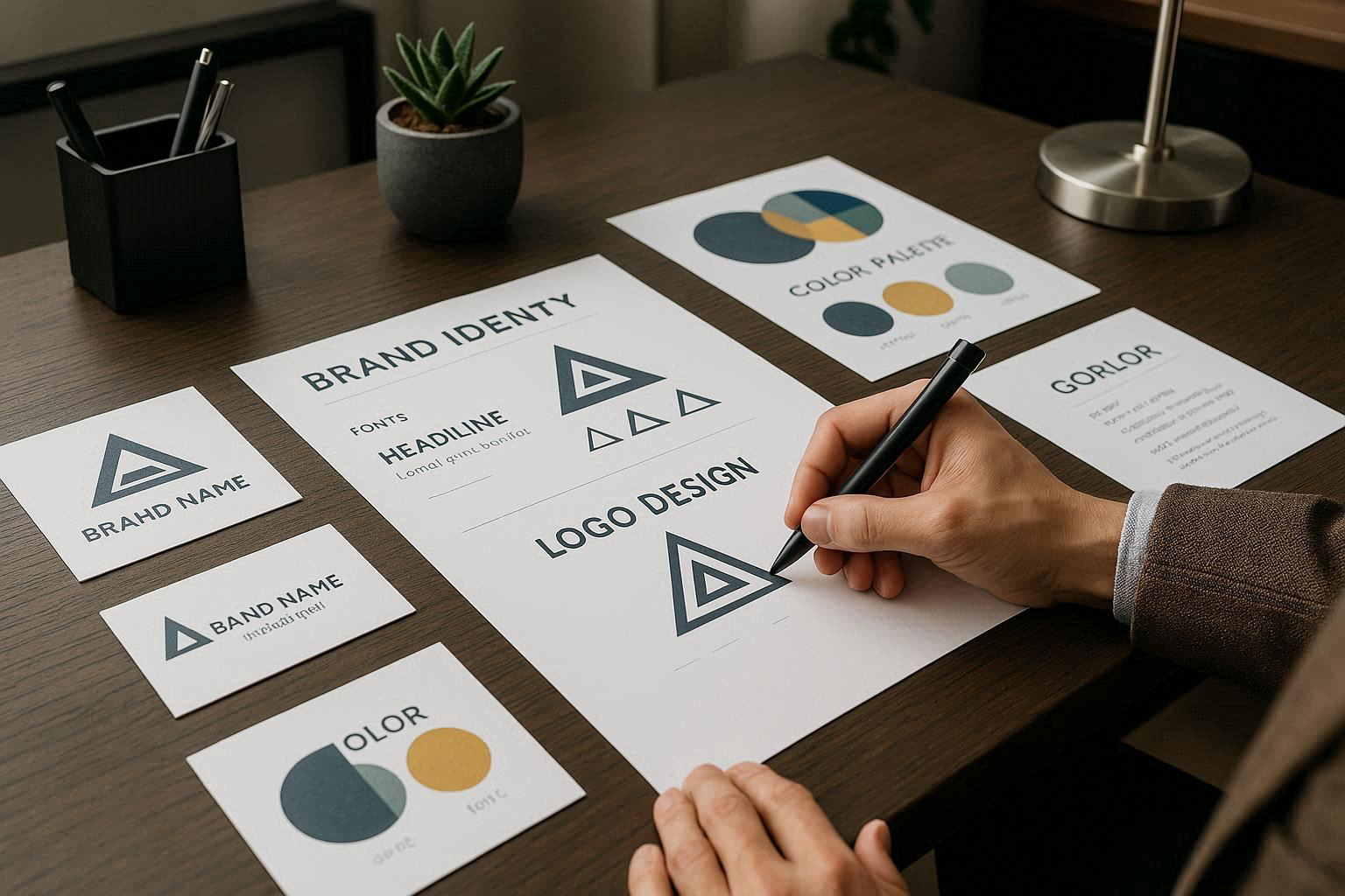 مصمم يعمل على إنشاء شعار وهوية بصرية متكاملة على طاولة مكتب، تظهر حوله بطاقات عمل ونماذج شعارات ولوحات ألوان، تعبر عن بناء هوية علامة تجارية احترافية.