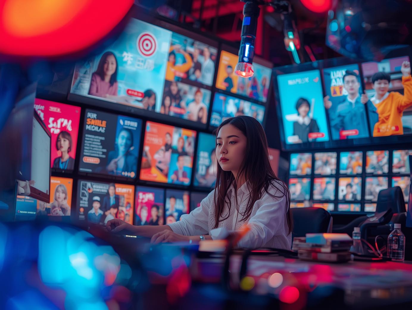 مصممة إعلانات تعمل على تصميم حملة دعائية رقمية، شاشات تعرض ملصقات وإعلانات على وسائل التواصل، أجواء مفعمة بالحيوية والإبداع التسويقي.