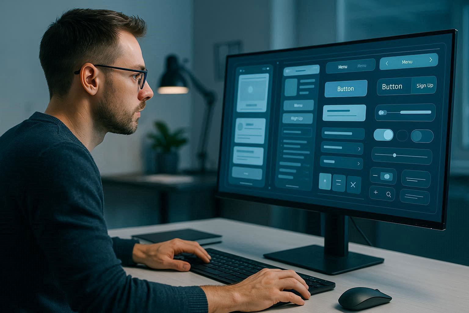 مصمم واجهات يعمل على تصميم تطبيق أو موقع ويب على شاشة كمبيوتر، تظهر عناصر الواجهة مثل الأزرار والقوائم، في بيئة عمل تقنية حديثة ومنظمة.