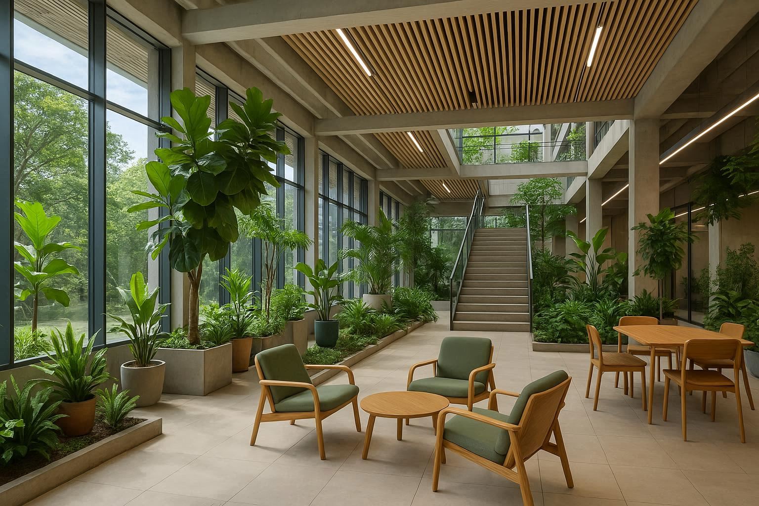 مساحة داخلية حديثة تجمع بين الطبيعة والتصميم العصري، نباتات خضراء وإضاءة طبيعية وأثاث صديق للبيئة، تعبير عن مفهوم التصميم البيئي المستدام.