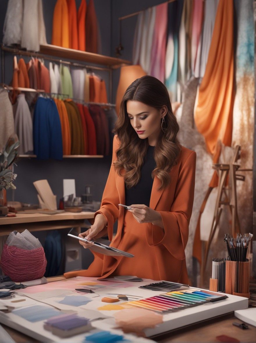 مصممة أزياء تعمل على رسم تصميمات جديدة باستخدام جهاز لوحي أو ورقة رسم، محاط بعينات أقمشة وأدوات تفصيل، في ورشة أزياء أنيقة تعكس الإبداع والابتكار.