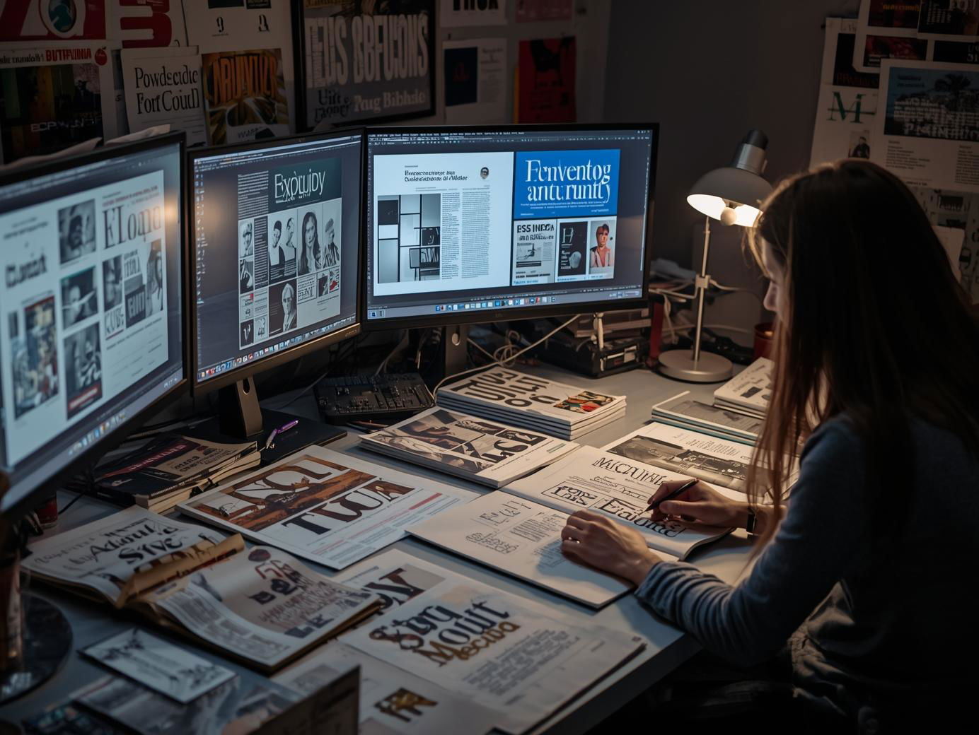 مصمة تعمل على تنسيق صفحات مجلة أو كتاب على شاشة حاسوب، طاولة مليئة بالأوراق والعناوين والتخطيطات، أجواء تعكس الدقة والتنظيم في تصميم المطبوعات.