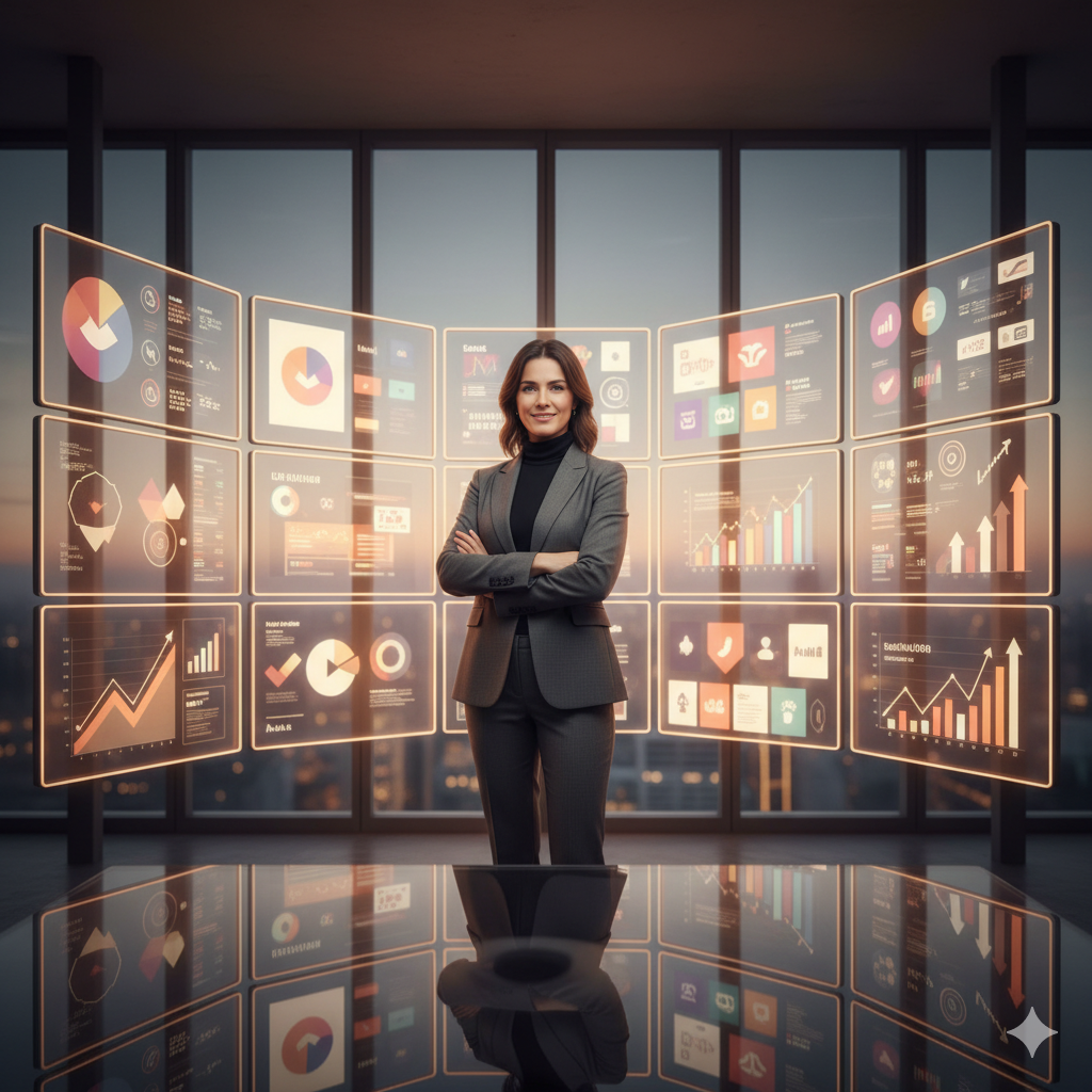 مصممة محترفة تقف في استوديو حديث أمام شاشات تعرض شعارات وبيانات تسويقية، تعبير بصري عن التصميم كأداة لتحقيق النجاح والتميز وسط المنافسة.