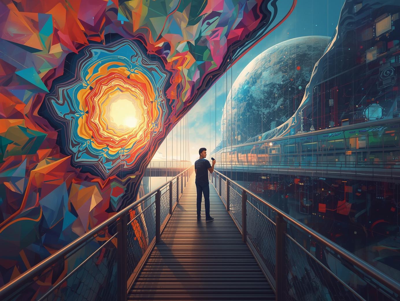 مشهد فني يظهر جسراً مصنوعًا من ألوان وخطوط يربط بين فكرة مضيئة وعالم نابض بالحياة، ومصمم يقف في المنتصف يحول الفكرة إلى واقع بصري مؤثر.