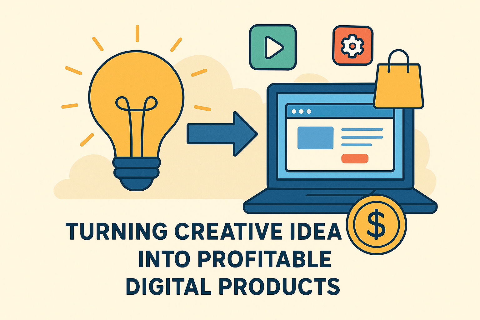 Illustration showing a creative idea turning into a profitable digital product: a lightbulb, an arrow pointing to a laptop, and a money icon representing profit. صورة توضح فكرة تحويل الإبداع إلى منتج رقمي مربح: مصباح يرمز إلى الفكرة، سهم يشير إلى لابتوب يمثل المنتج الرقمي، ورمز العملة يرمز للربح.