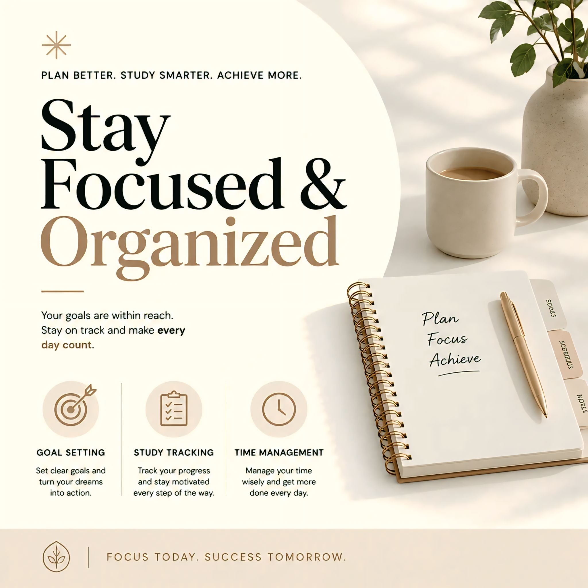 Plan Focus Achieve student planner designed to help students organize tasks, maintain focus, and reach academic success.
