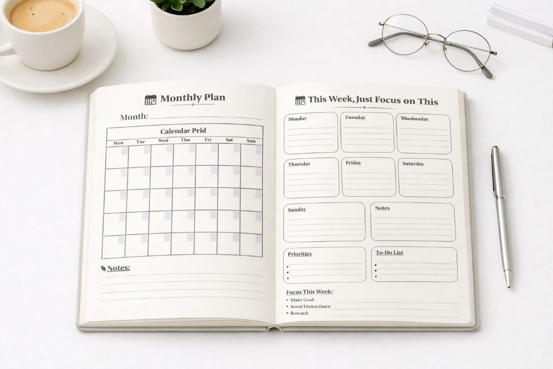 Academic planner demonstrating how to plan, stay focused, and achieve academic goals through structured organization.