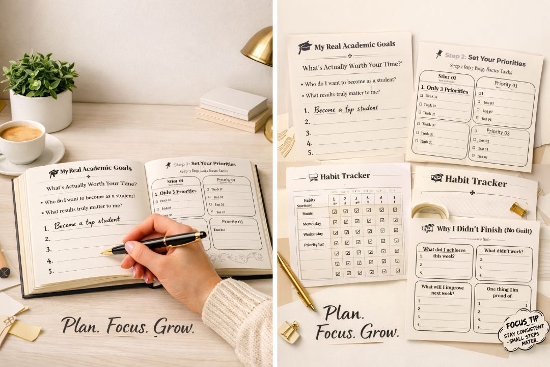 Student planner pages showing the Plan, Focus, Achieve workflow for effective study planning and goal achievement.
