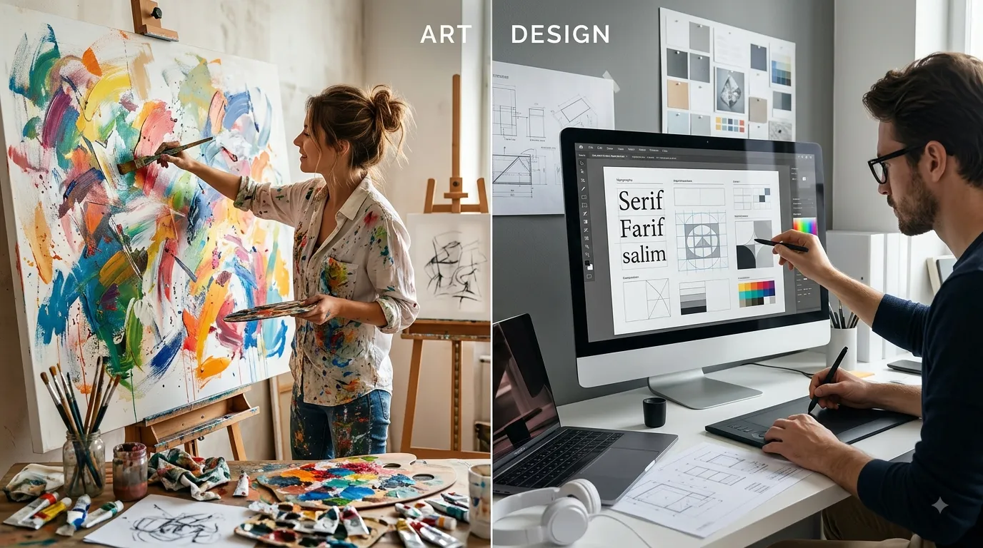 Visual comparison between artistic expression and purposeful graphic design