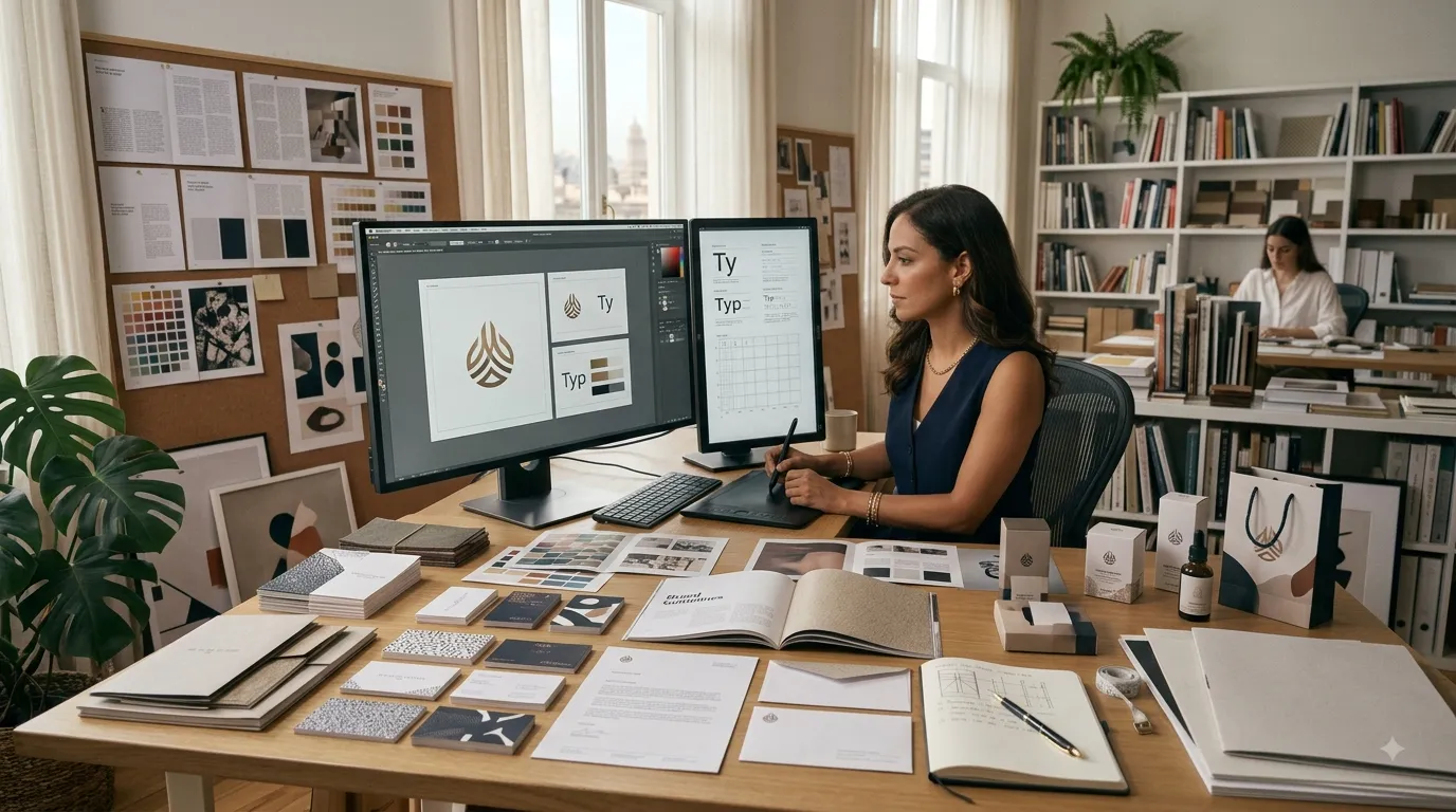 Graphic designer developing a professional brand identity with logos, typography, and color palettes