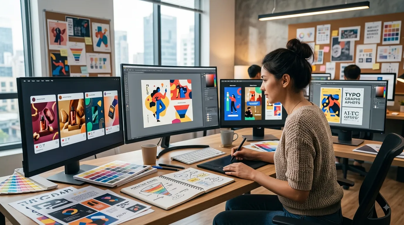 Designer creating a creative digital advertising campaign with promotional graphics and social media visuals