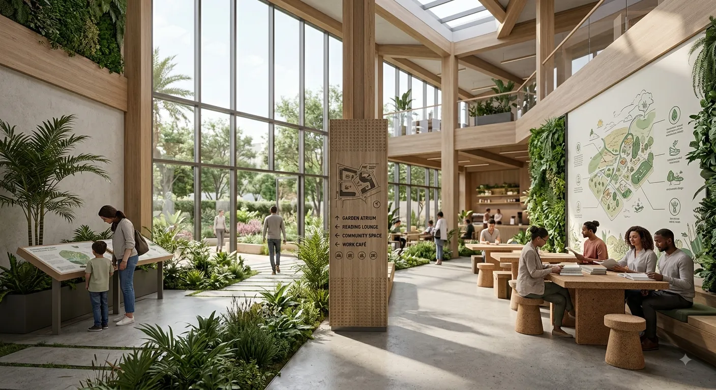Sustainable environmental design combining architecture, nature, signage, and human-centered space