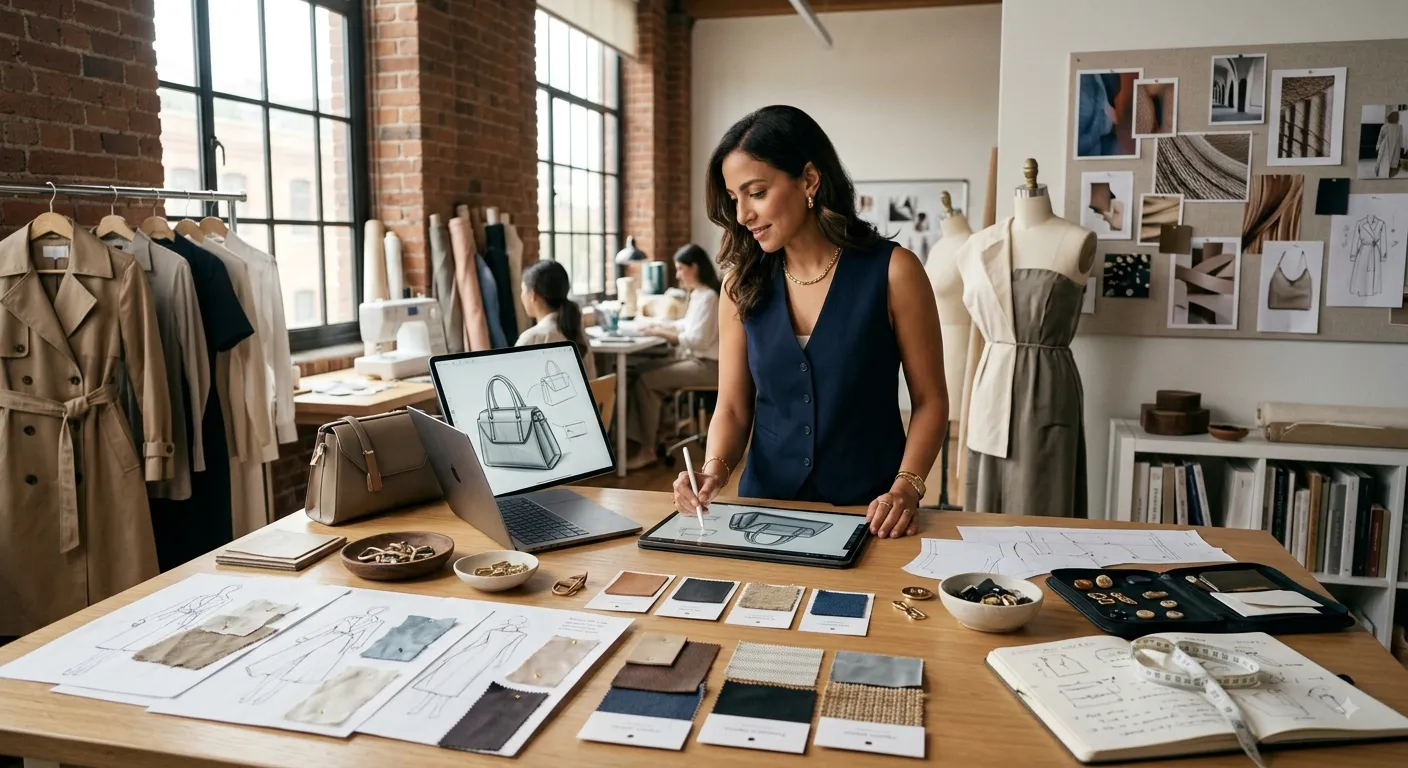 Fashion and product designer developing creative concepts with sketches and material samples