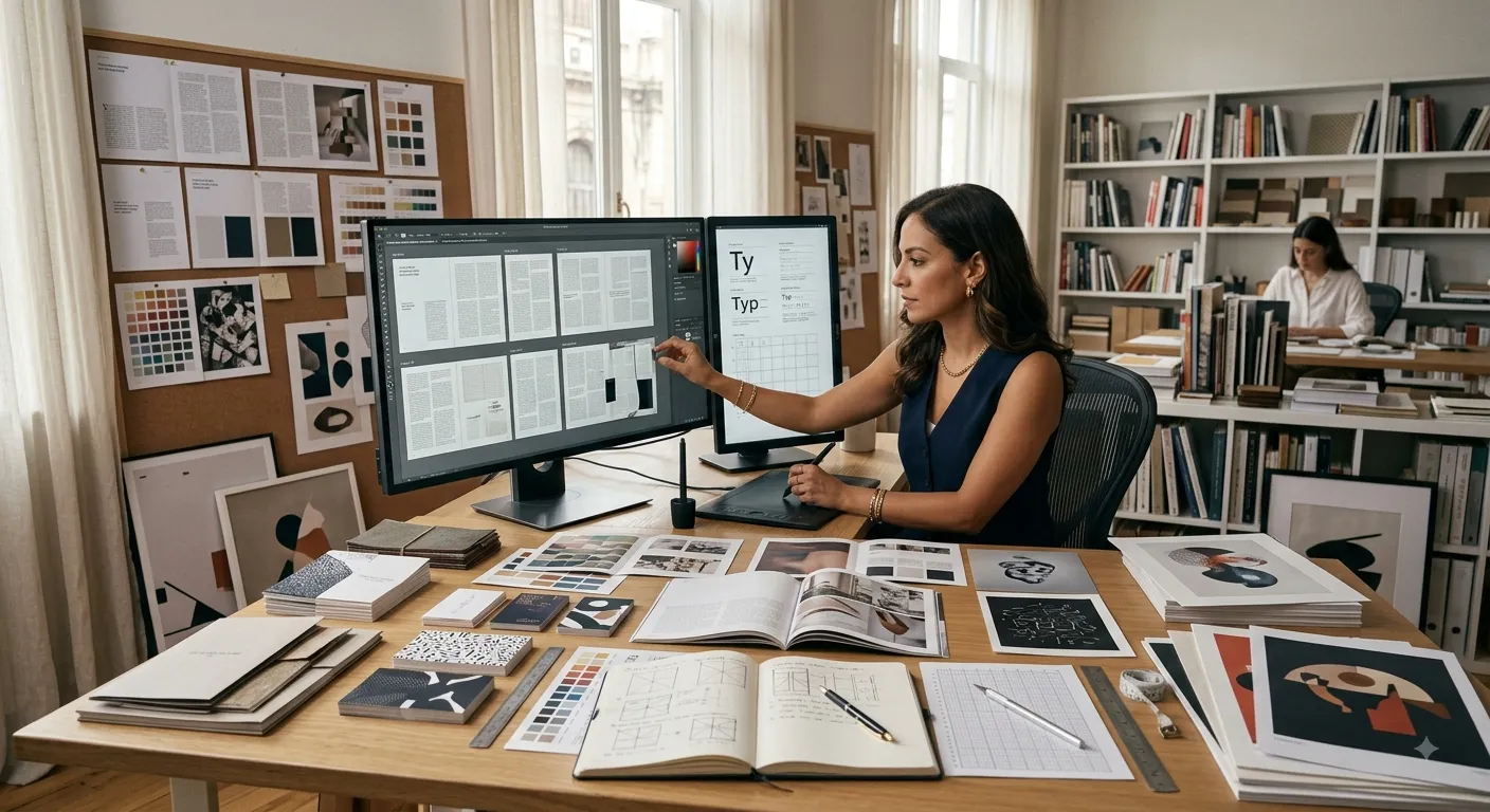 Print designer arranging magazine and book layouts with typography, pages, and printed materials