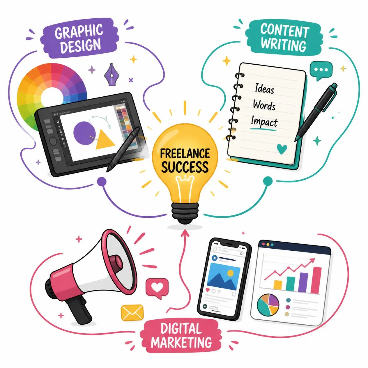 Graphic design, content writing, and digital marketing working together