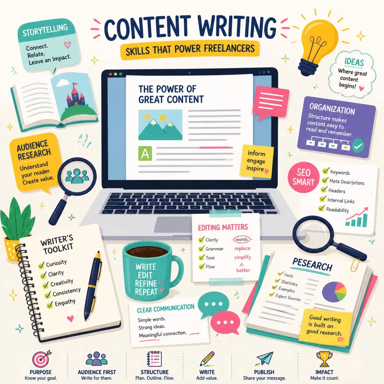 Essential content writing skills for freelancers, including research, SEO, storytelling, and audience communication