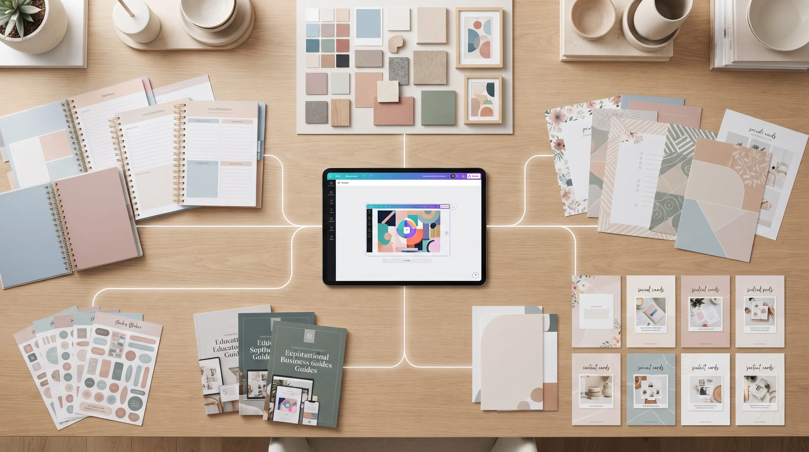 Digital product ecosystem showing a central planner surrounded by related worksheets, templates, stickers, printable pages, and educational guides.