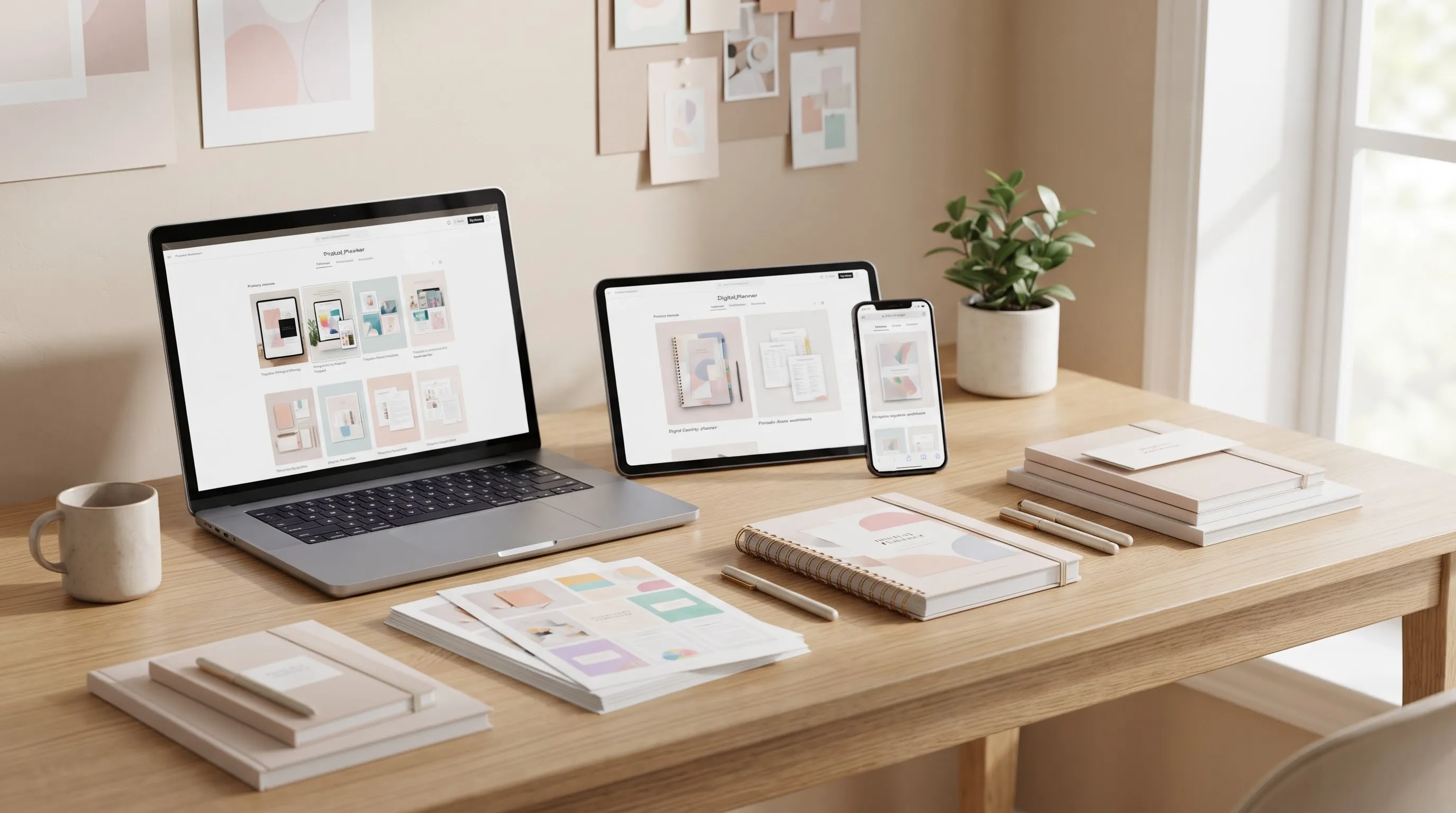Digital product presentation featuring a planner, printable worksheets, design templates, and product previews displayed on a laptop, tablet, and smartphone.