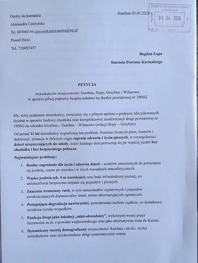 Petycja mieszkańców w sprawie drogi powiatowej nr 1906G Grzybno – Szarłata – Wilanowo