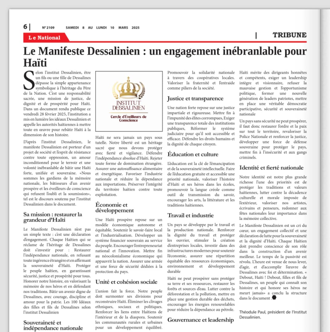 LE MANIFESTE DESSALINIEN : UN ENGAGEMENT INEBRANLABLE POUR HAITI
