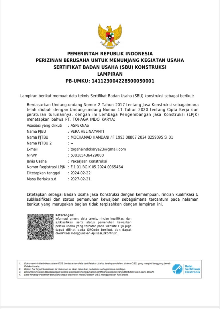 Legalitas PT. Tohaga Indo Karya 