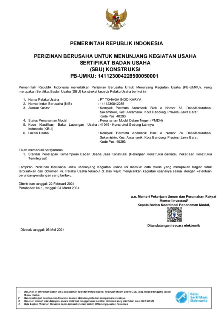 Legalitas PT. Tohaga Indo Karya 