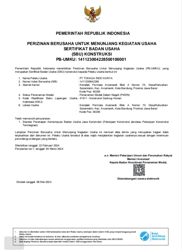 Legalitas PT. Tohaga Indo Karya 