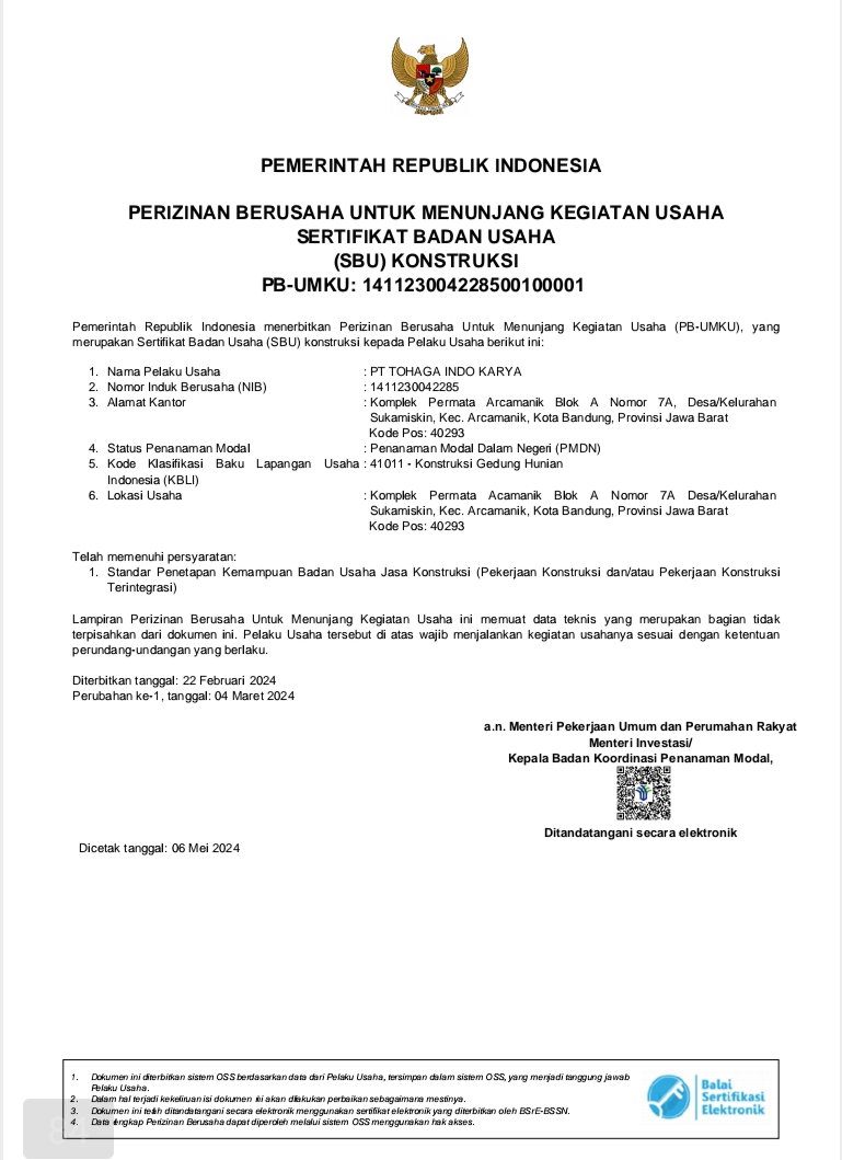 Legalitas PT. Tohaga Indo Karya 