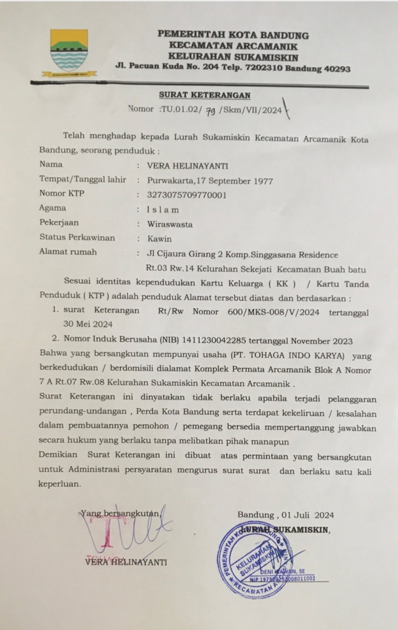 Legalitas PT. Tohaga Indo Karya 