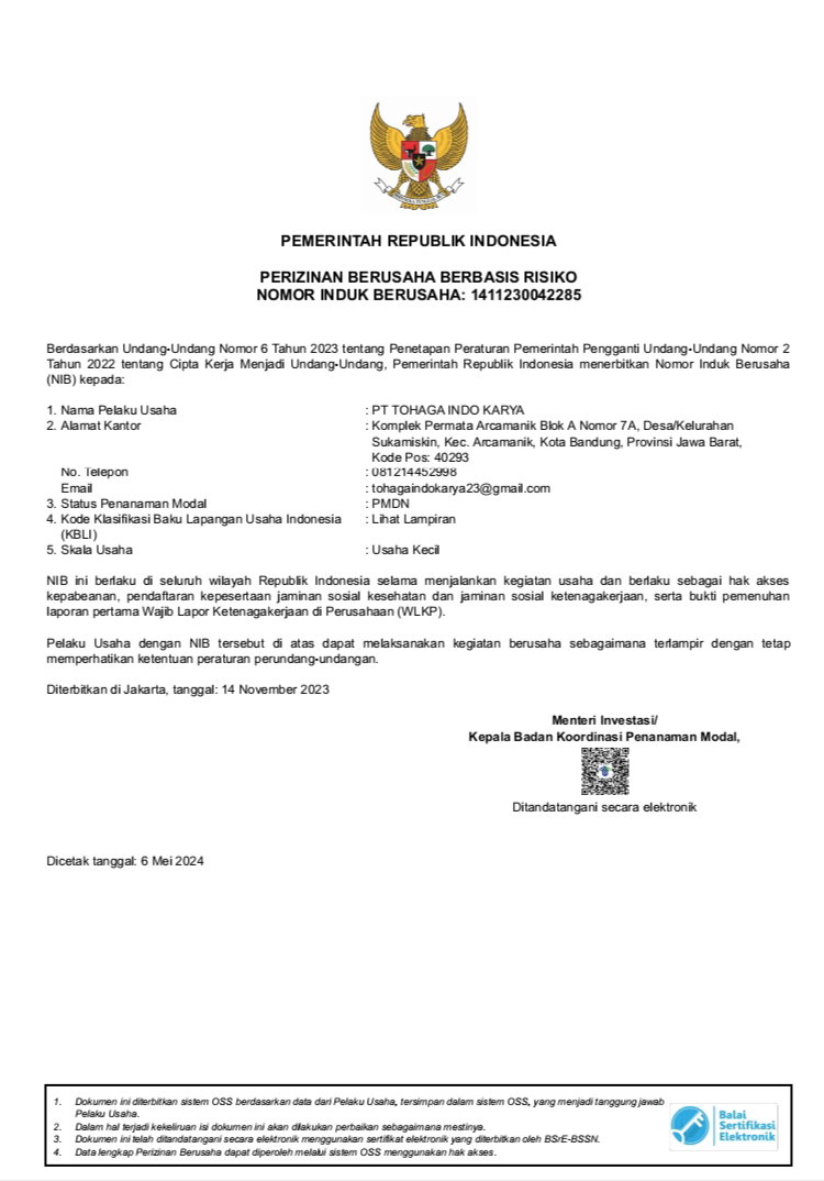 Legalitas PT. Tohaga Indo Karya 
